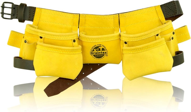 DS2285 :: 9 Pocket Children Tool Belt Yellow Color Suede Leather, Kids Real Tool Belt, Boys and Girls Tool Apron for Home Improvement, 1.1/2" Leather Belt, Hammer Loops
